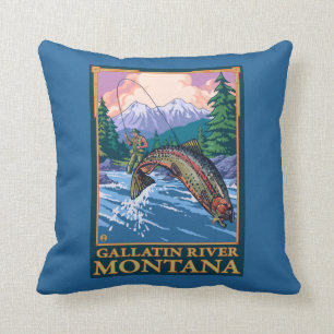 Fly Fishing Scene - Gallatin River, Montana Cushion
