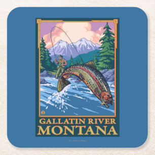 Fly Fishing Scene - Gallatin River, Montana Square Paper Coaster