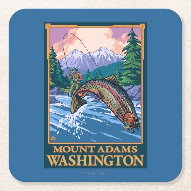 Fly Fishing Scene - Mount Adams, Washington Square Paper Coaster (Front)