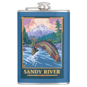 Fly Fishing Scene - Sandy River, Oregon Hip Flask