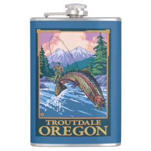 Fly Fishing Scene - Troutdale, Oregon Hip Flask