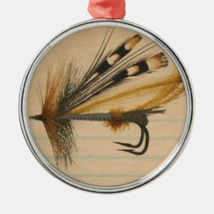 Fly Fishing Silver Lure on Lined Paper Metal Tree Decoration