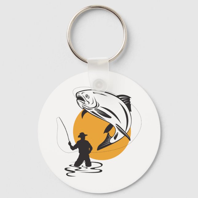 Fly Fishing Trout Sunset Silhouette Key Ring (Front)