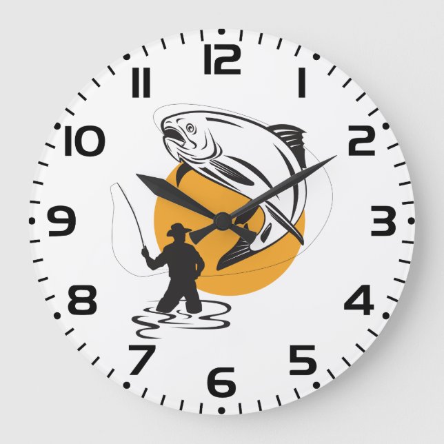 Fly Fishing Trout Sunset Silhouette Large Clock (Front)