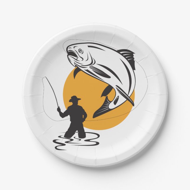 Fly Fishing Trout Sunset Silhouette Paper Plate (Front)