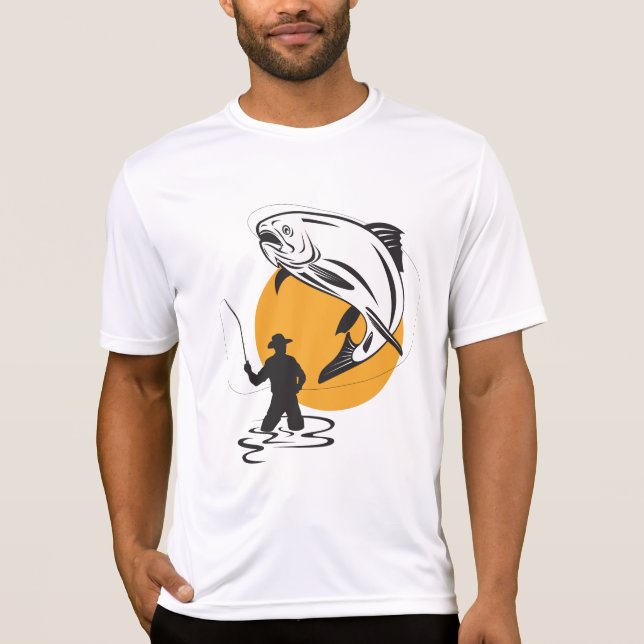 Fly Fishing Trout Sunset Silhouette T-Shirt (Front)