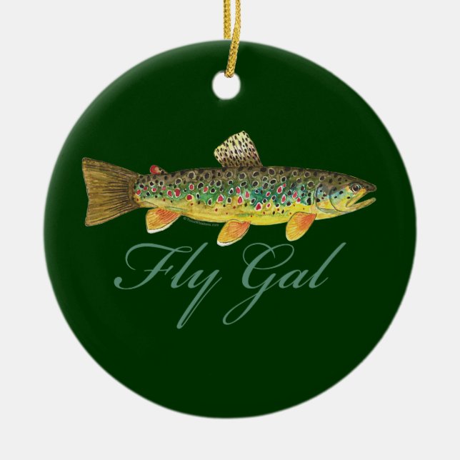 Fly Fishing Woman Ceramic Tree Decoration (Front)
