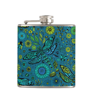 Fly, fly dragonfly on blue hip flask