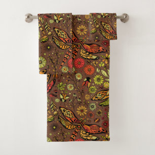 Fly, fly dragonfly on cinnamon brown bath towel set