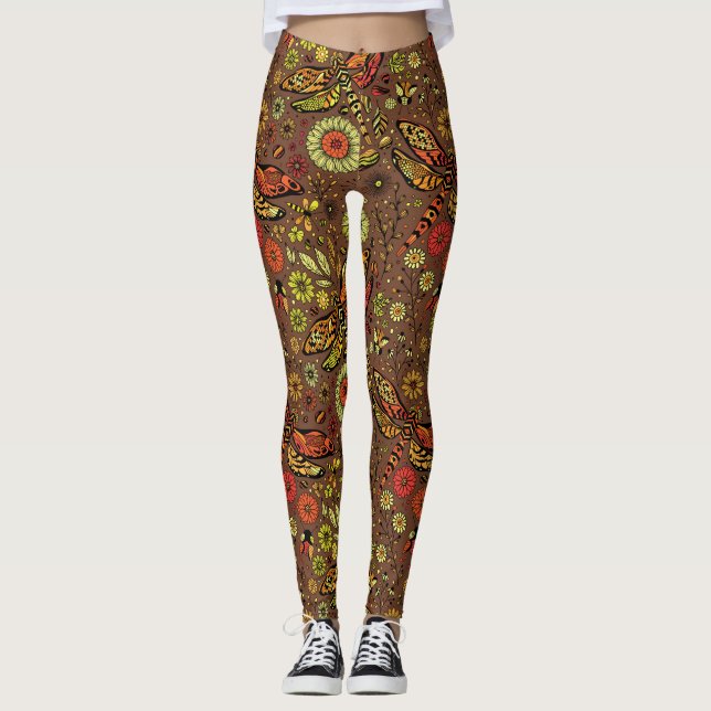 Fly, fly dragonfly on cinnamon brown leggings (Front)