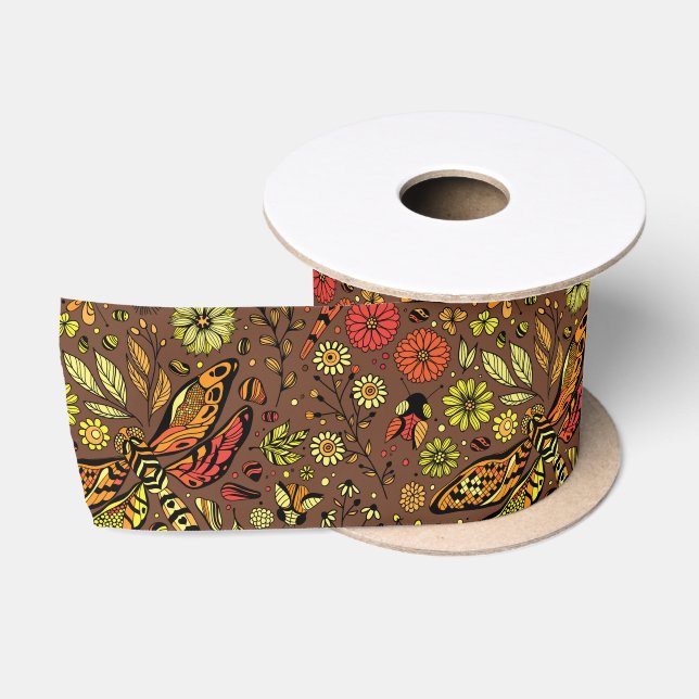 Fly, fly dragonfly on cinnamon brown satin ribbon (Spool)