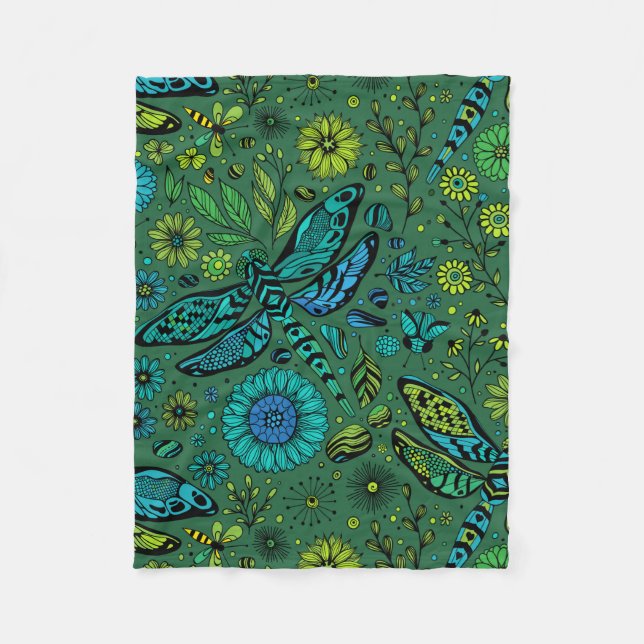 Fly, fly dragonfly on emerald green fleece blanket (Front)