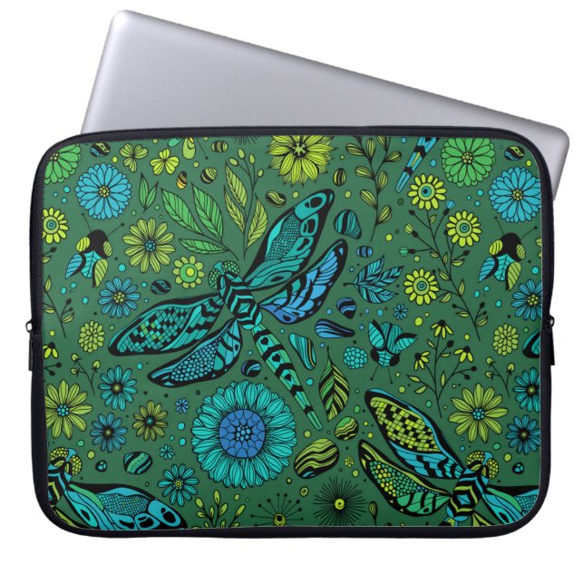 Fly, fly dragonfly on emerald green laptop sleeve (Front)