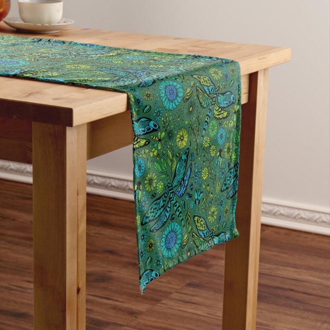 Fly, fly dragonfly on emerald green short table runner (In Situ)