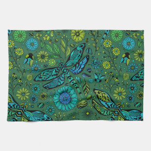 Fly, fly dragonfly on emerald green tea towel