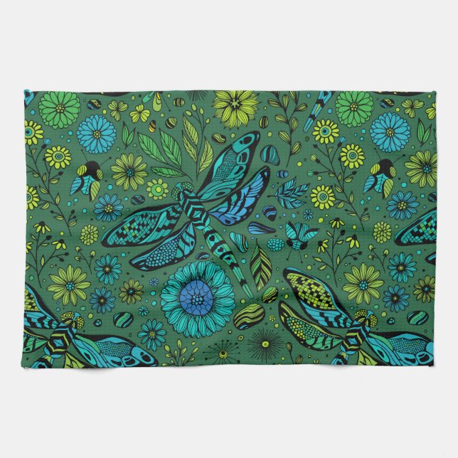 Fly, fly dragonfly on emerald green tea towel (Horizontal)
