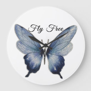 Fly Free – Blue Butterfly Art Design Large Clock