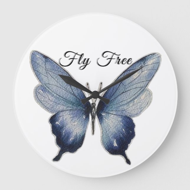 Fly Free – Blue Butterfly Art Design Large Clock (Front)