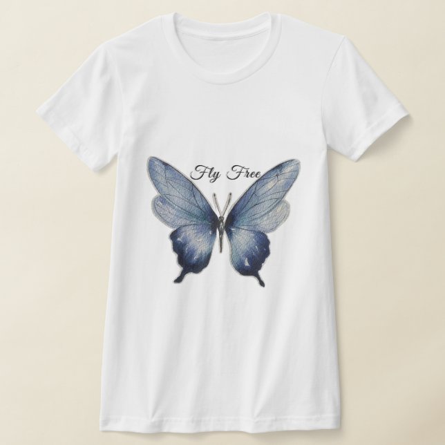 Fly Free – Blue Butterfly Art Design T-Shirt (Laydown)