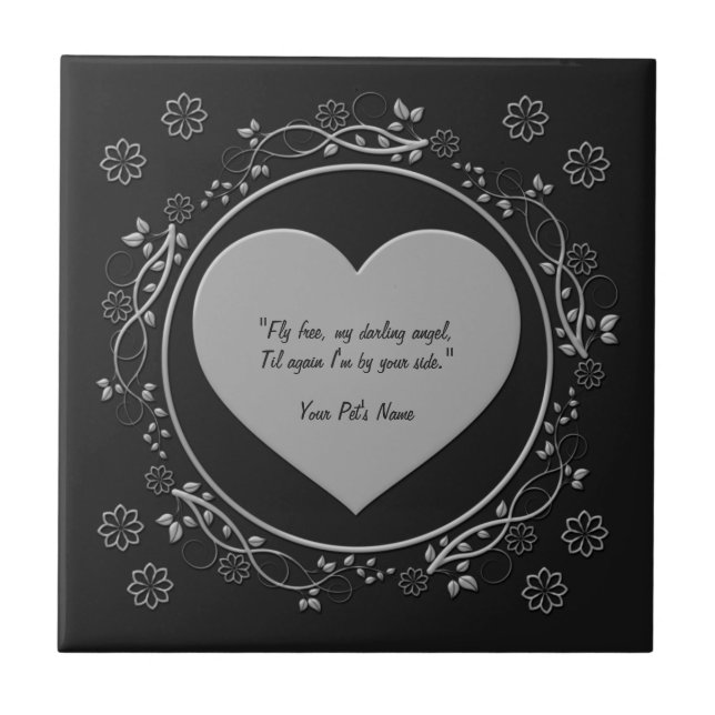 Fly Free Metallic Silver Heart Black Pet Memorial Tile (Front)