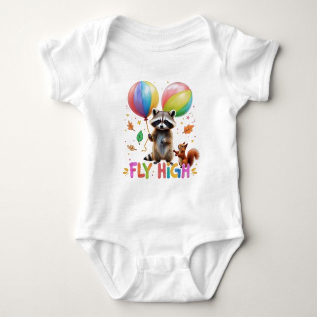 Fly High Cute Racoon and Squirrel with Balloon Baby Bodysuit (Front)