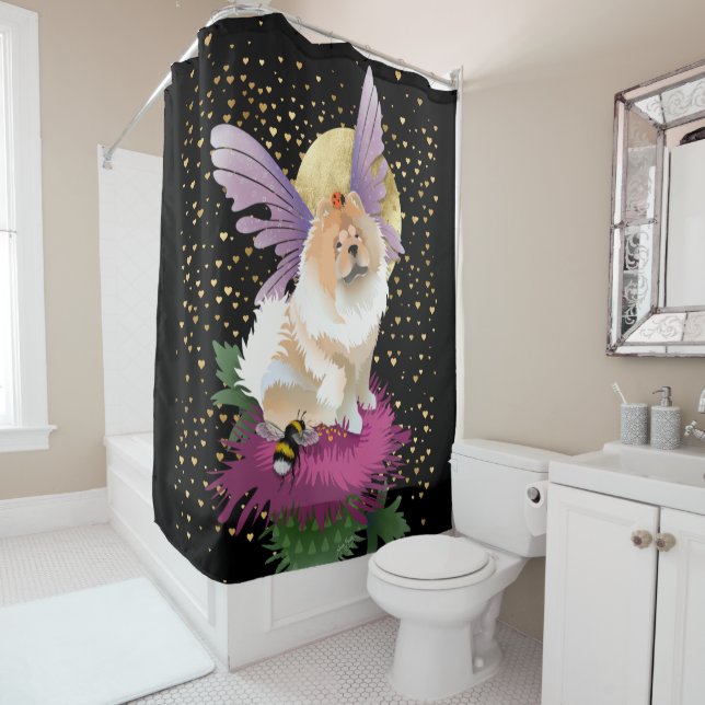 FLY ME TO THE MOON chow shower curtain (In Situ)