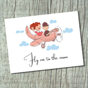 Fly me to the Moon Funny Airplane Couple Girl Boy Postcard