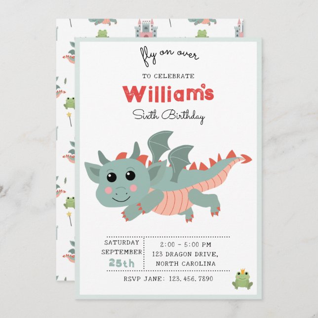 Fly on Over Dragon Boy Kids Birthday Party Invitation (Front/Back)