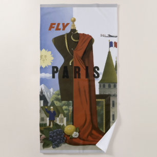 Fly Paris France Vintage Travel Poster Beach Towel