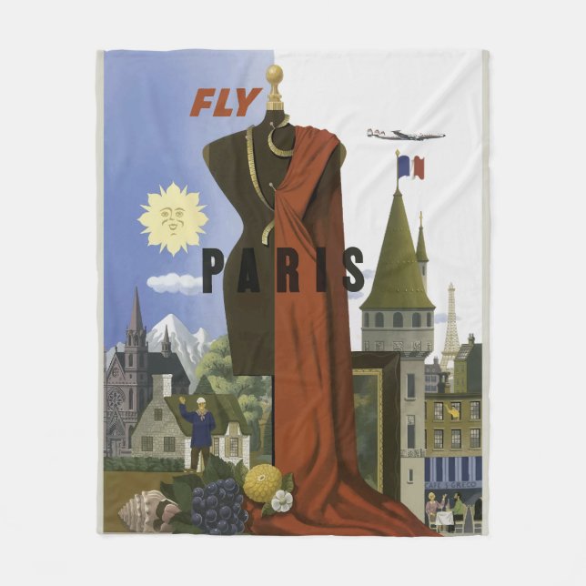 Fly Paris France Vintage Travel Poster Fleece Blanket (Front)