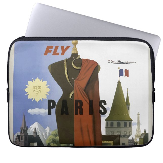 Fly Paris France Vintage Travel Poster Laptop Sleeve (Front)