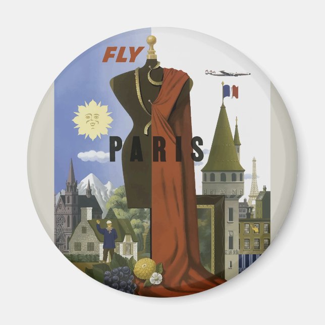 Fly Paris France Vintage Travel Poster Magnet (Front)