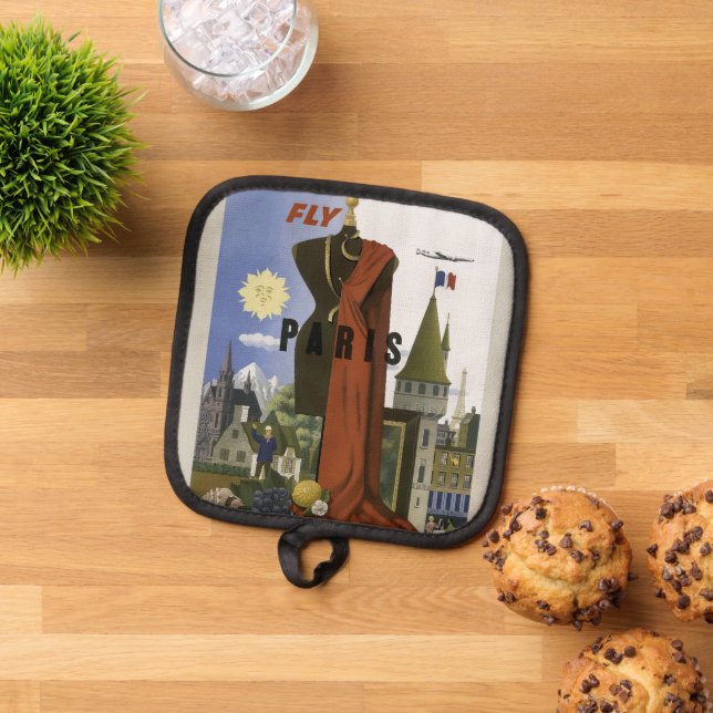 Fly Paris France Vintage Travel Poster Pot Holder (Top Down)