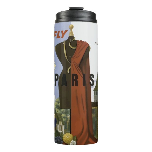 Fly Paris France Vintage Travel Poster Thermal Tumbler (Front)