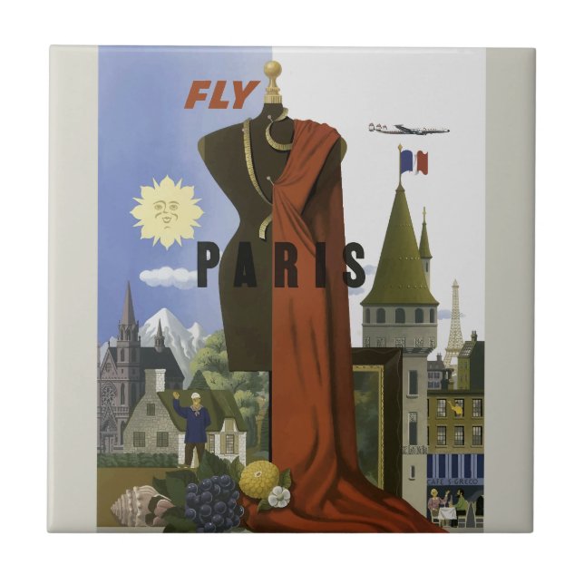 Fly Paris France Vintage Travel Poster Tile (Front)
