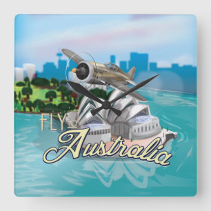 Fly To Australia Travel Illustration Square Wall Clock