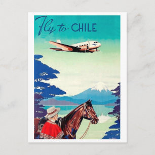 Fly to Chile, man with horse, vintage airline Postcard