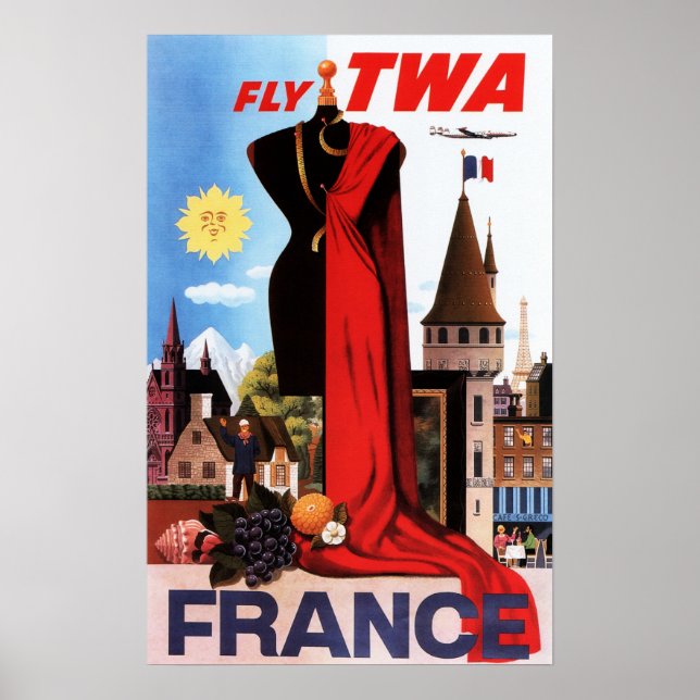 Fly to FRANCE Europe Fashion Capital Old Airlines Poster (Front)