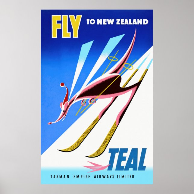 Fly to New Zealand Vintage Travel Poster (Front)