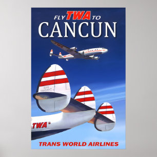 Fly TWA to Cancun Mexico Trans World Airlines Poster