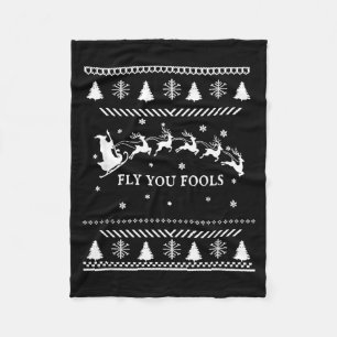 Fly You Fools Wizard Santa Sleigh Reindeer Christm Fleece Blanket