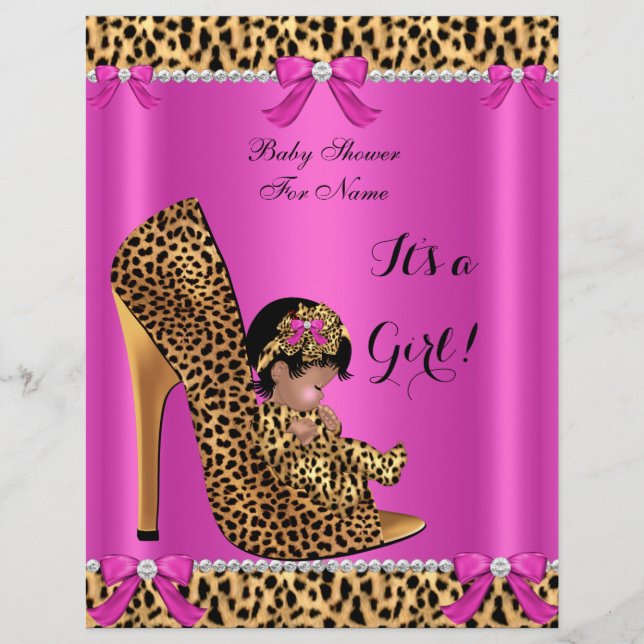 Flyer Baby Shower Baby Cute Girl Leopard Hot Pink (Front)