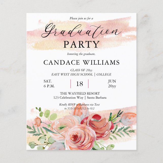 FLYER Boho Peach Floral Grad Party Invitation (Front)