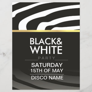 flyer for disco party theme with black and white