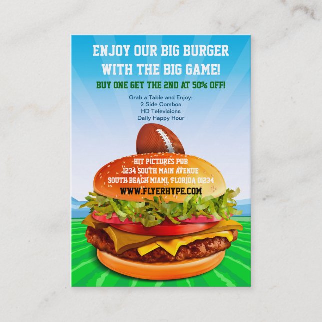 Flyer Hype Burger Cafe Sports Bar Football Food Business Card (Front)