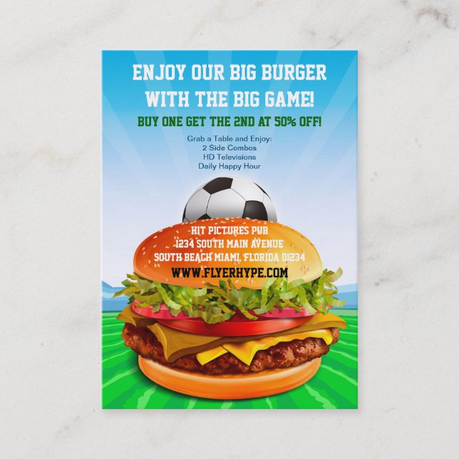 Flyer Hype Burger Cafe Sports Bar Soccer Food Business Card (Front)