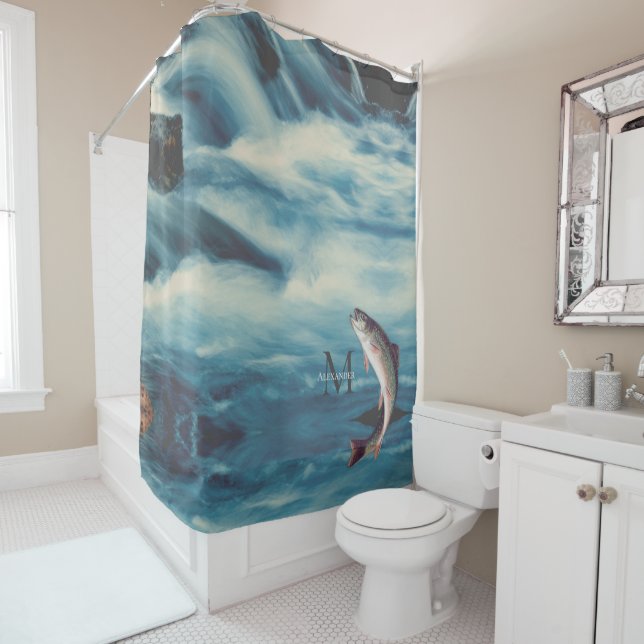 Flyfishing Trout Fisherman  Blue River  Monogram Shower Curtain (In Situ)