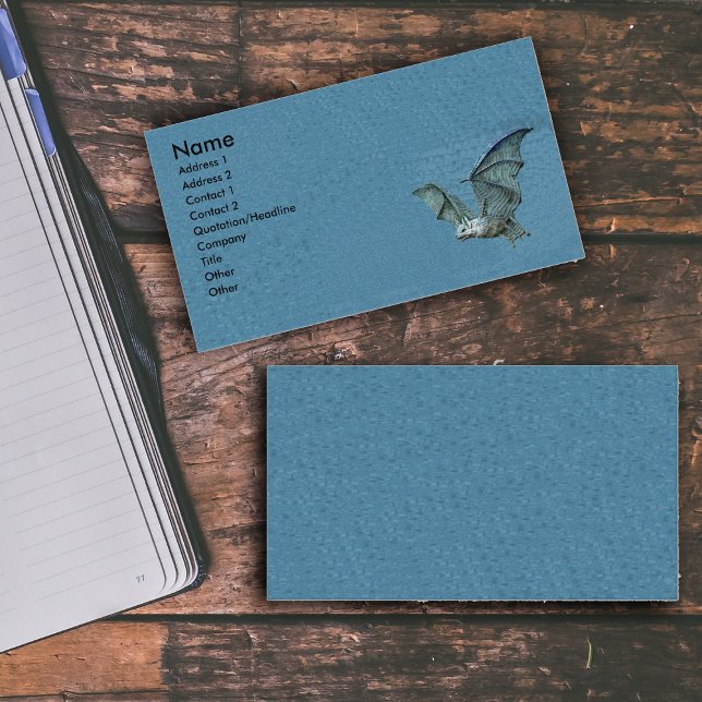 Flying 3d Blue Bat Business Card (White faced flying blue spooky bat on mottled blue business cards.)