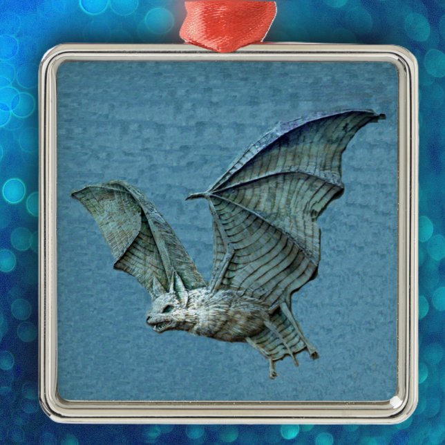 Flying 3D Blue Bat Metal Tree Decoration (Spooky flying blue bat with white face on blue hanging Halloween ornament.)