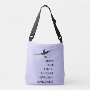 Flying aeroplane on light periwinkle blue crossbody bag